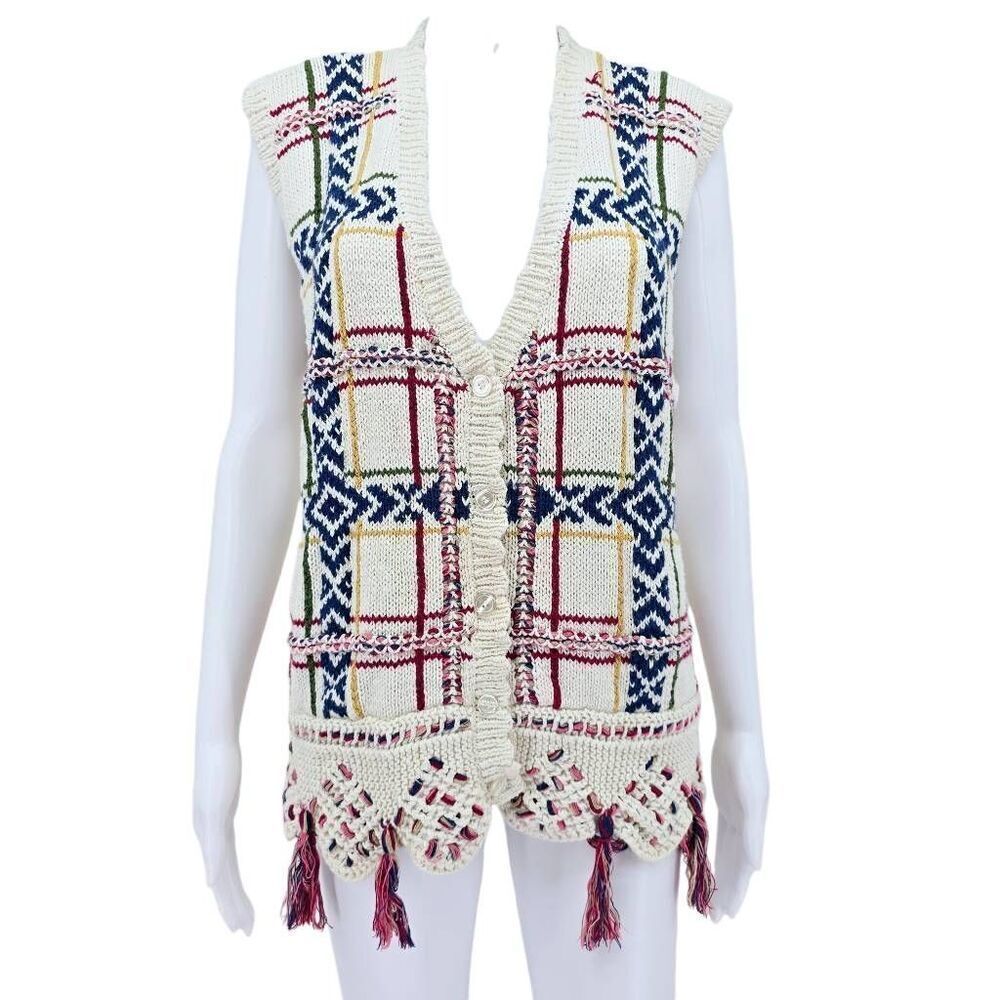 90s Tassel Sweater Cardigan Vest White L